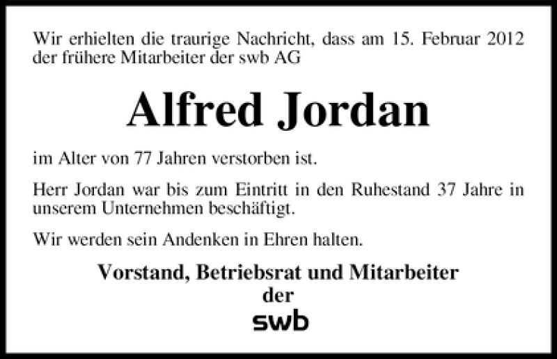 Traueranzeige von Alfred Jordan von WESER-KURIER