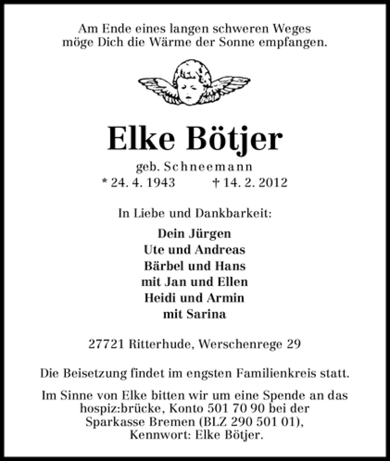Traueranzeige von Elke Bötjer von WESER-KURIER