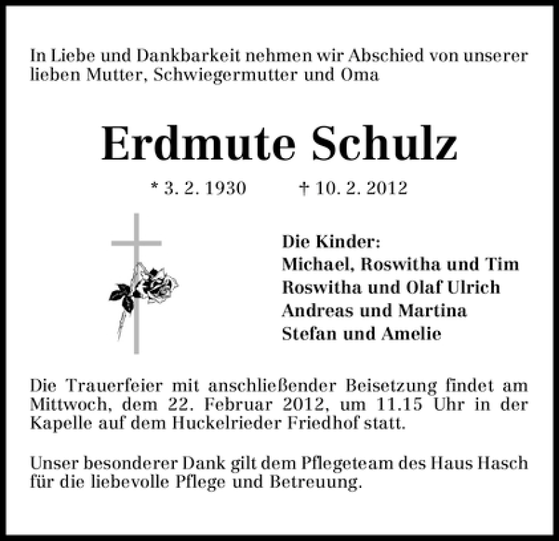Traueranzeige von Erdmute Schulz von WESER-KURIER