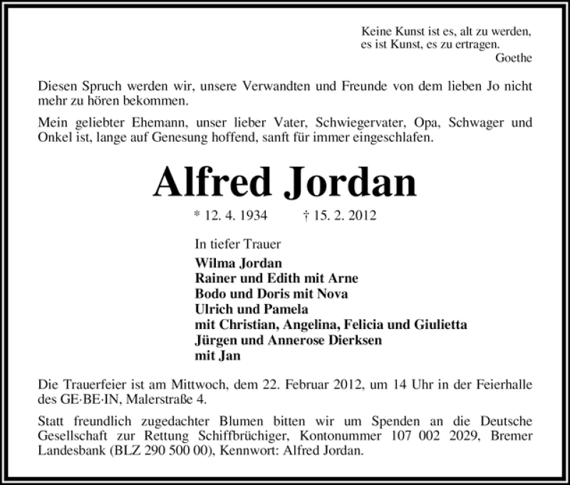 Traueranzeige von Alfred Jordan von WESER-KURIER