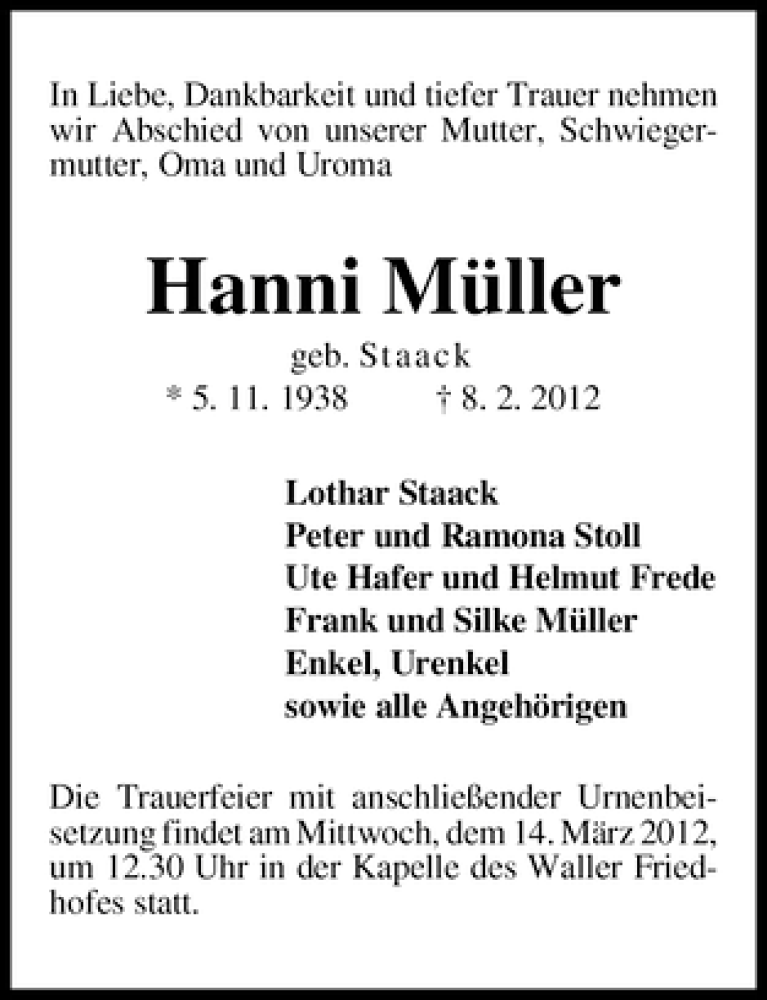 Traueranzeige von Hanni Müller von WESER-KURIER