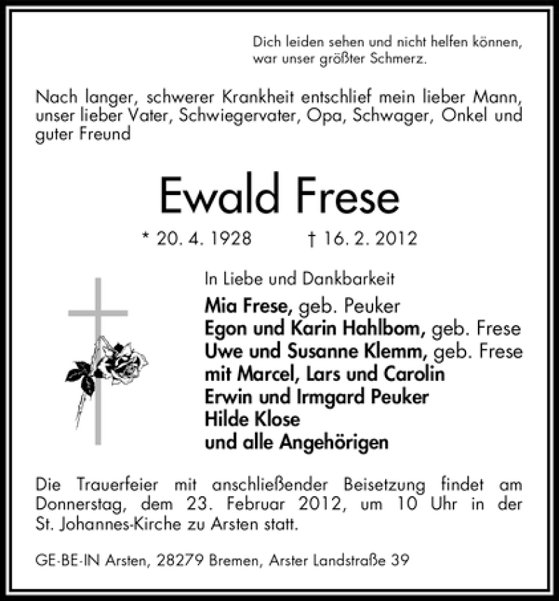 Traueranzeige von Ewald Frese von WESER-KURIER