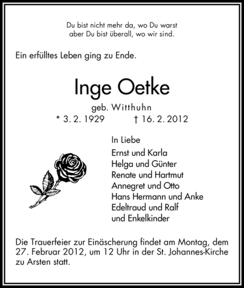 Traueranzeige von Inge Oetke von WESER-KURIER