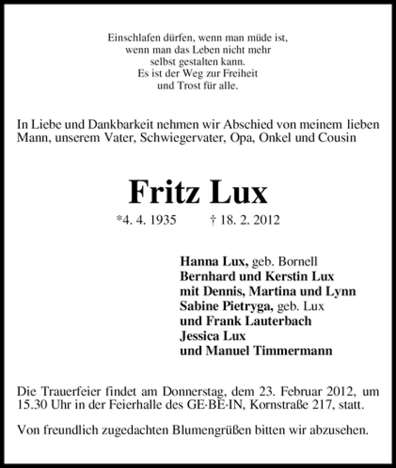 Traueranzeige von Fritz Lux von WESER-KURIER