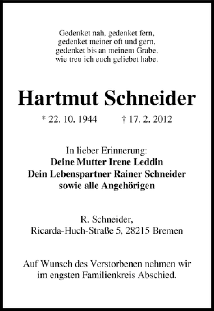 Traueranzeige von Hartmut Schneider von WESER-KURIER