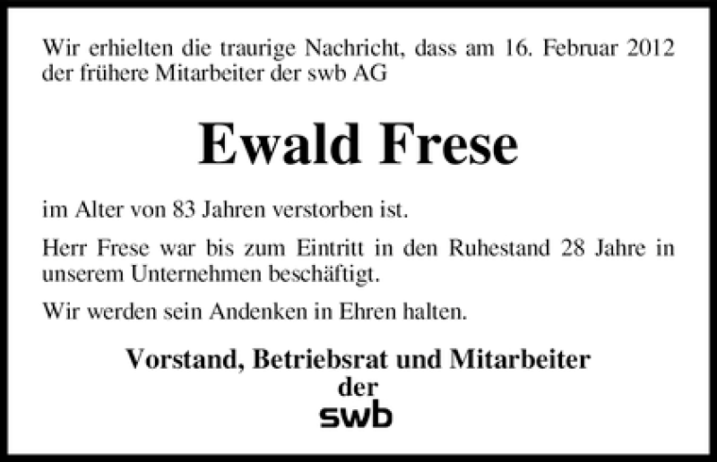 Traueranzeige von Ewald Frese von WESER-KURIER