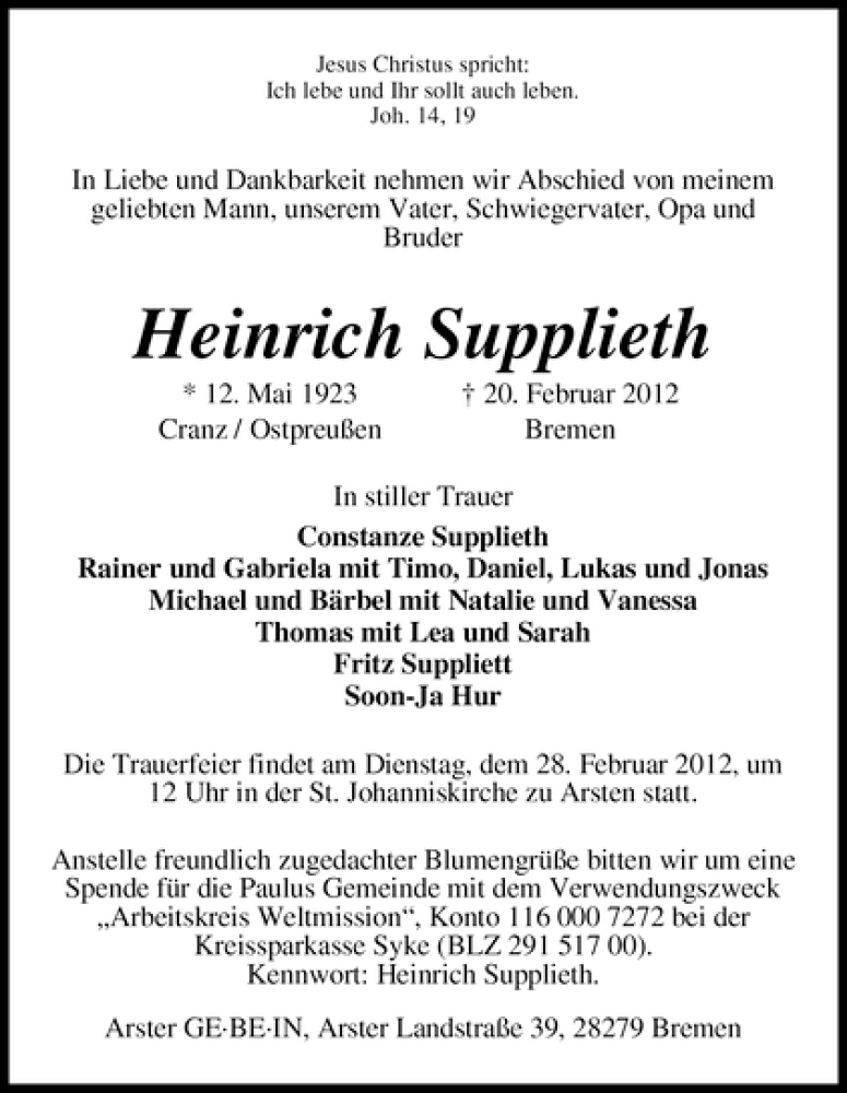 Traueranzeige von Heinrich Supplieth von WESER-KURIER