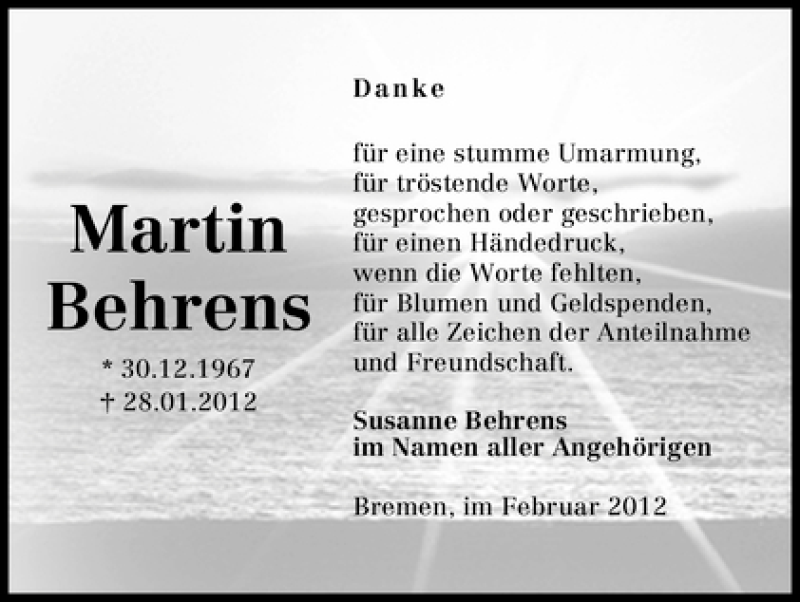 Traueranzeige von Martin Behrens von WESER-KURIER