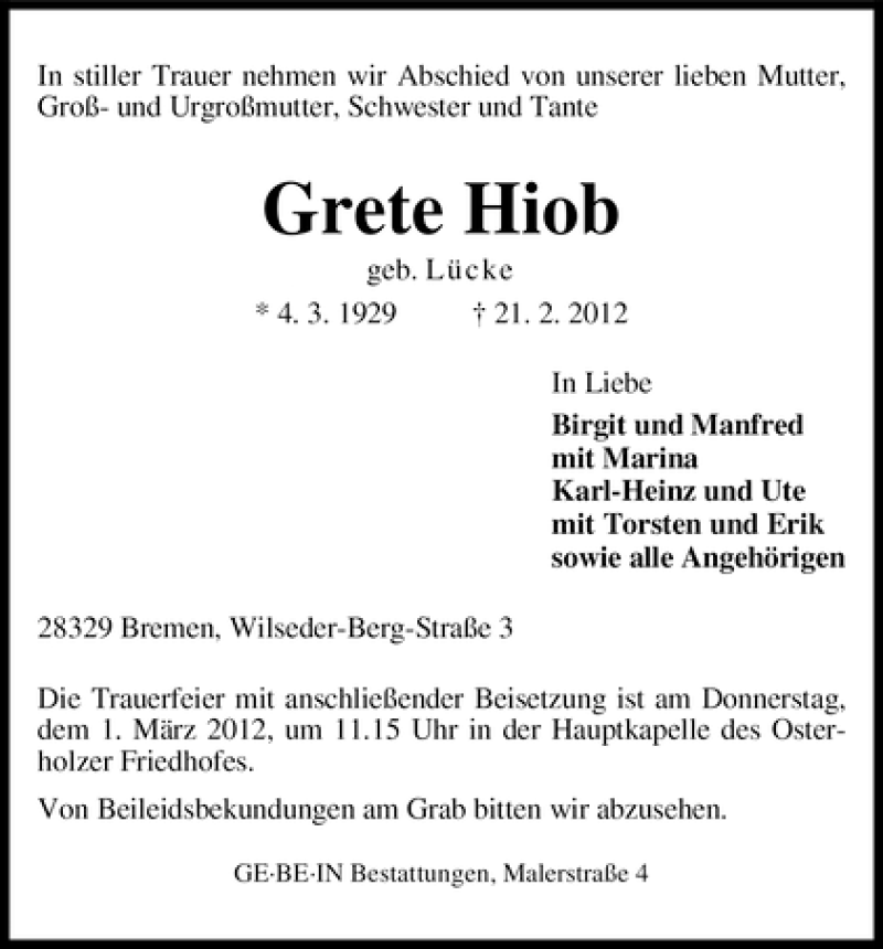 Traueranzeige von Grete Hiob von WESER-KURIER
