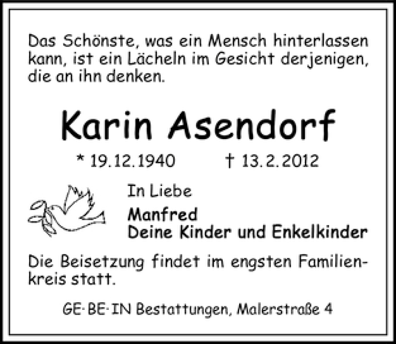 Traueranzeige von Karin Asendorf von WESER-KURIER