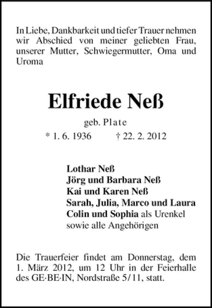 Traueranzeige von Elfriede Neß von WESER-KURIER
