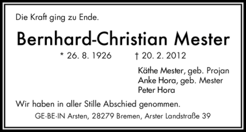 Traueranzeige von Bernhard-Christian Mester von WESER-KURIER