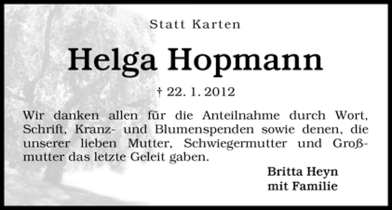 Traueranzeige von Helga Hopmann von WESER-KURIER