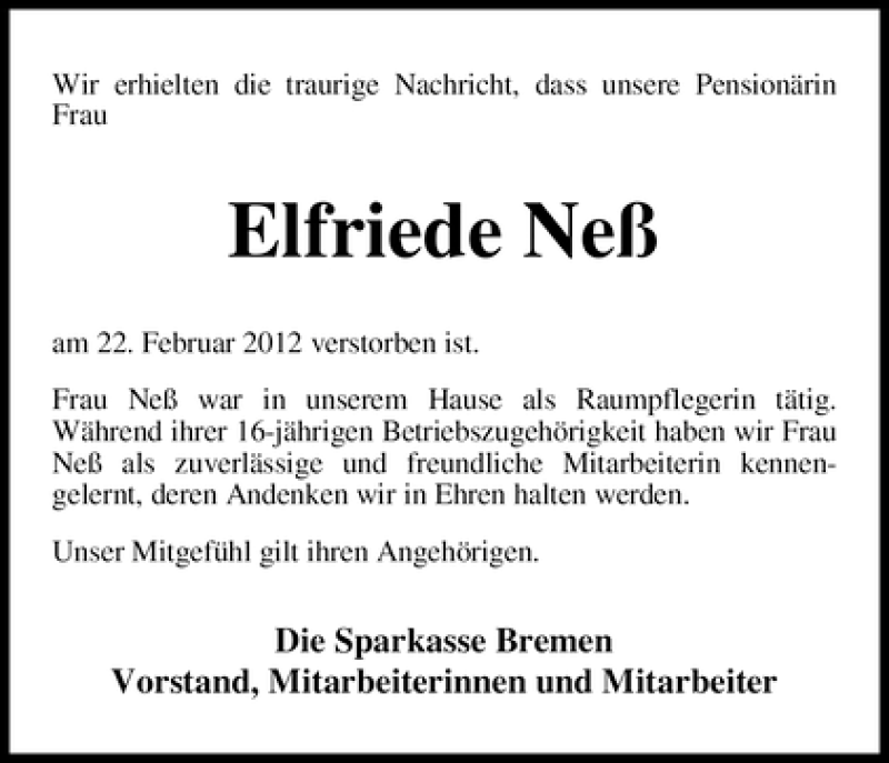 Traueranzeige von Elfriede Neß von WESER-KURIER