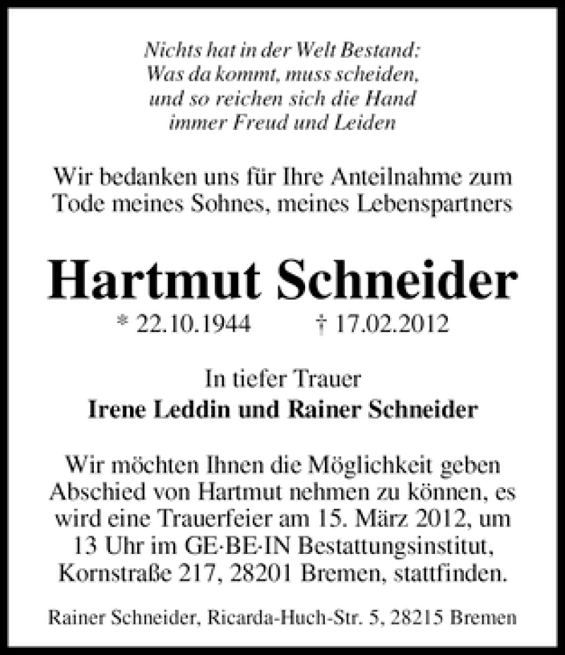 Traueranzeige von Hartmut Schneider von WESER-KURIER