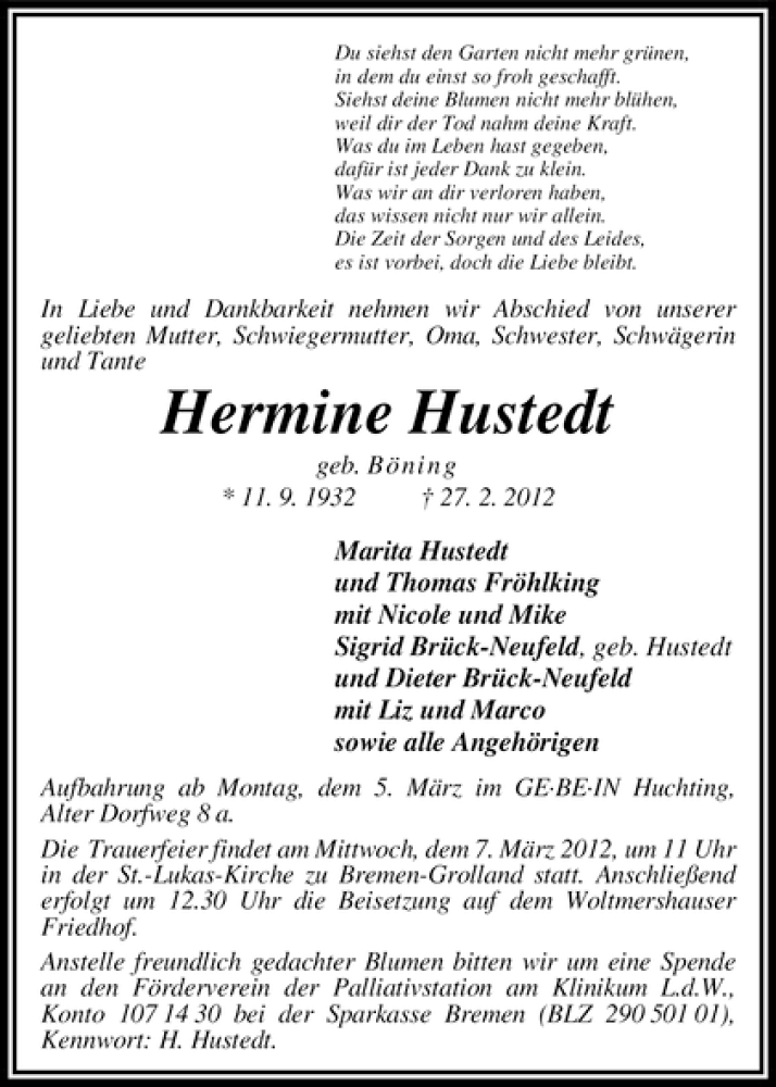 Traueranzeige von Hermine Hustedt von WESER-KURIER