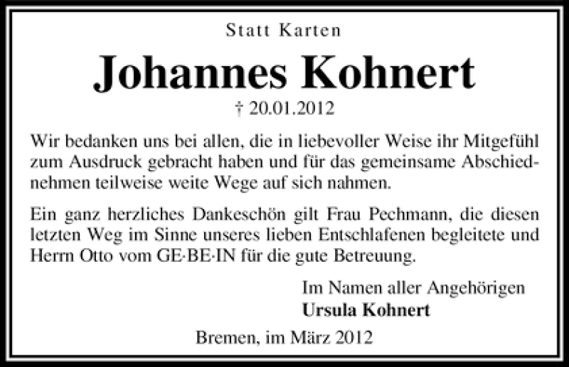 Traueranzeige von Johannes Kohnert von WESER-KURIER