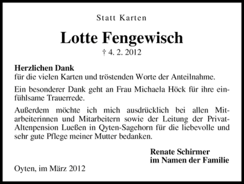 Traueranzeige von Lotte Fengewisch von WESER-KURIER
