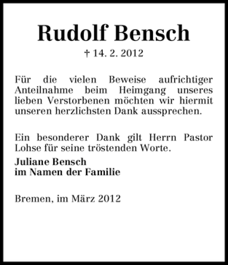 Traueranzeige von Rudolf Bensch von WESER-KURIER