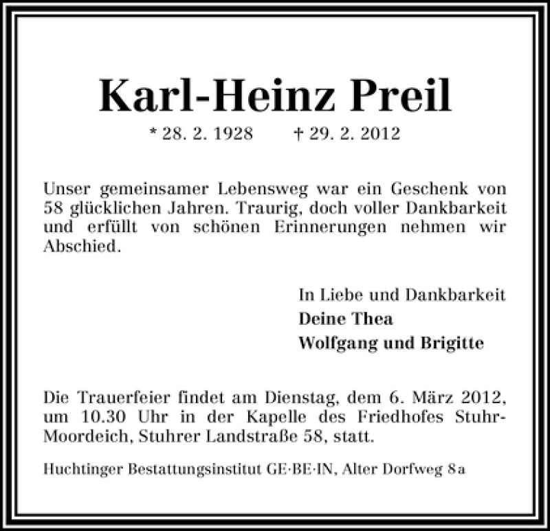 Traueranzeige von Karl-Heinz Preil von WESER-KURIER