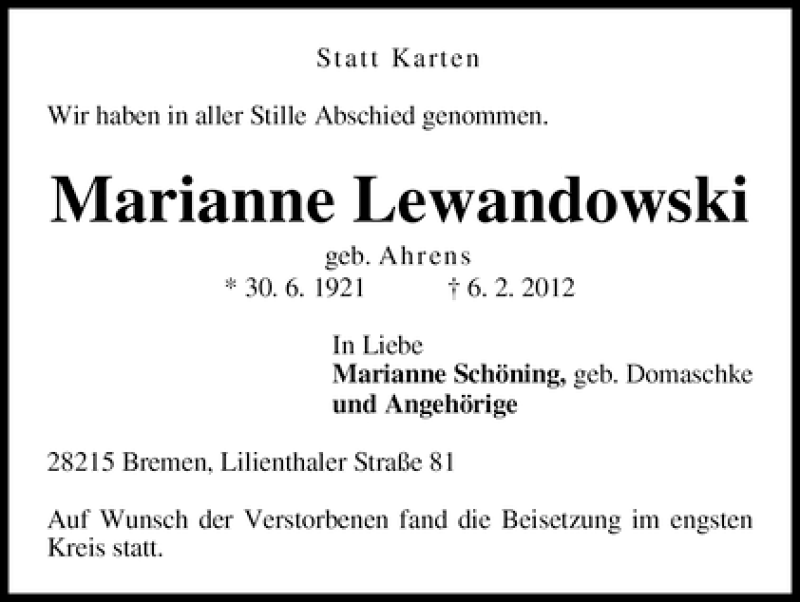 Traueranzeige von Marianne Lewandowski von WESER-KURIER