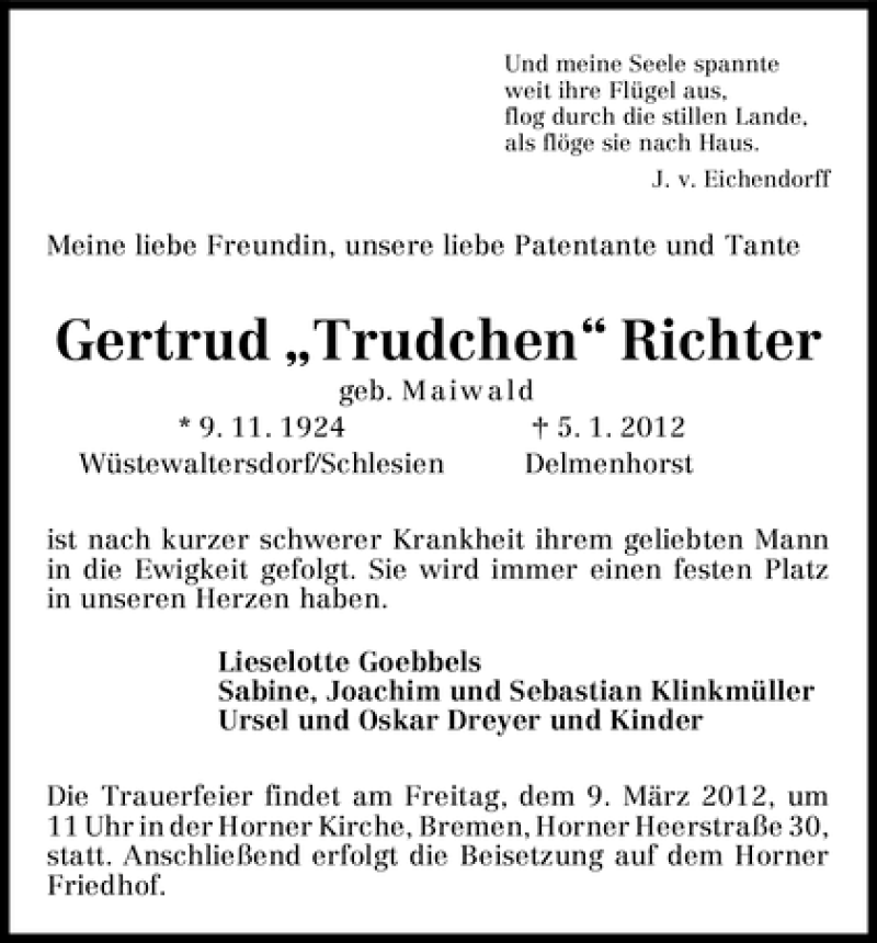 Traueranzeige von Gertrud Richter von WESER-KURIER