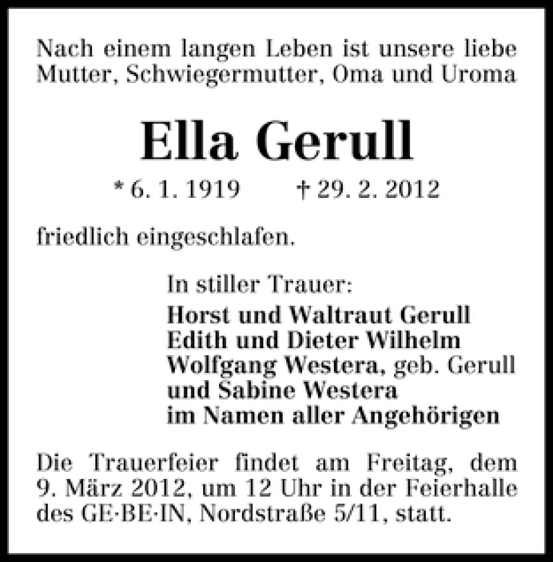 Traueranzeige von Ella Gerull von WESER-KURIER