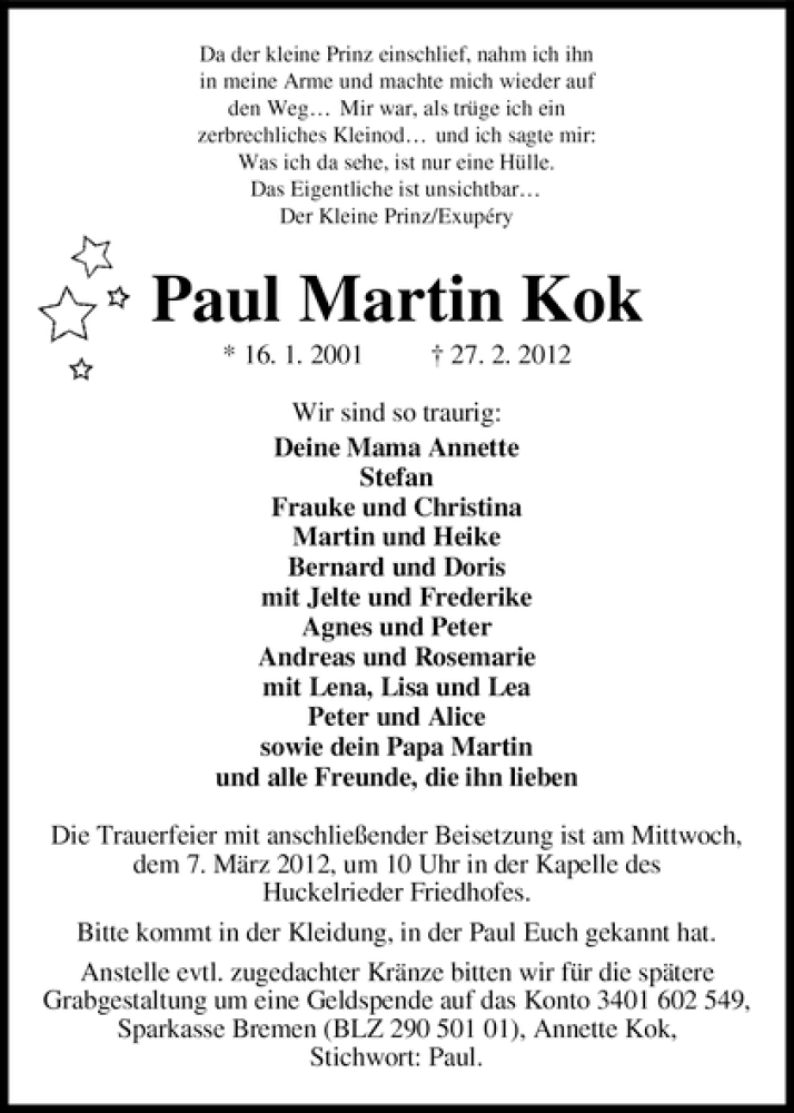 Traueranzeige von Paul Kok von WESER-KURIER