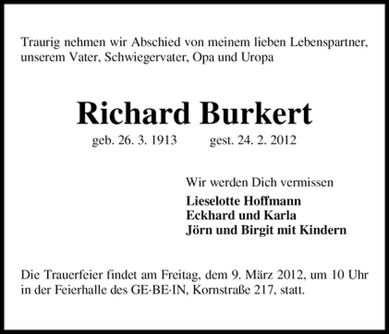 Traueranzeige von Richard Burkert von WESER-KURIER