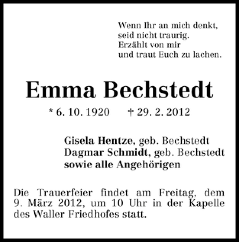 Traueranzeige von Emma Bechstedt von WESER-KURIER