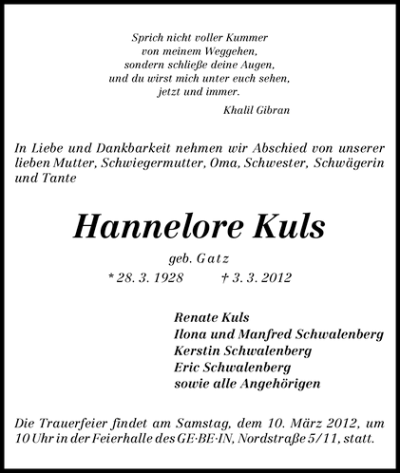 Traueranzeige von Hannelore Kuls von WESER-KURIER