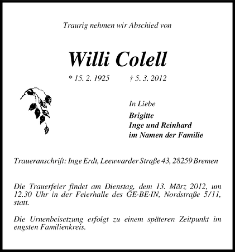 Traueranzeige von Willi Colell von WESER-KURIER