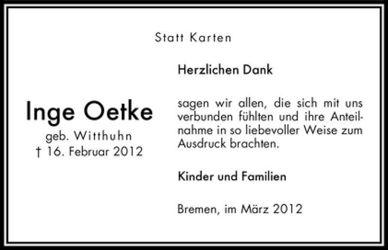 Traueranzeige von Inge Oetke von WESER-KURIER