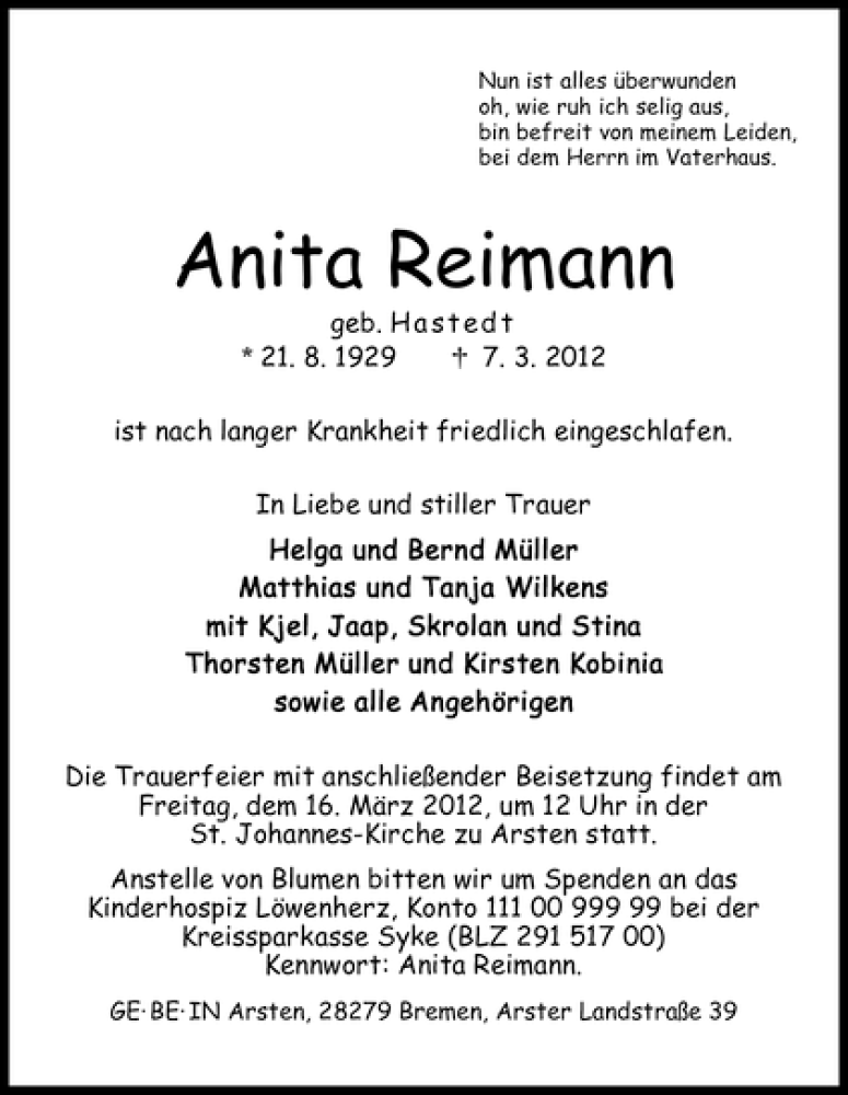 Traueranzeige von Anita Reimann von WESER-KURIER