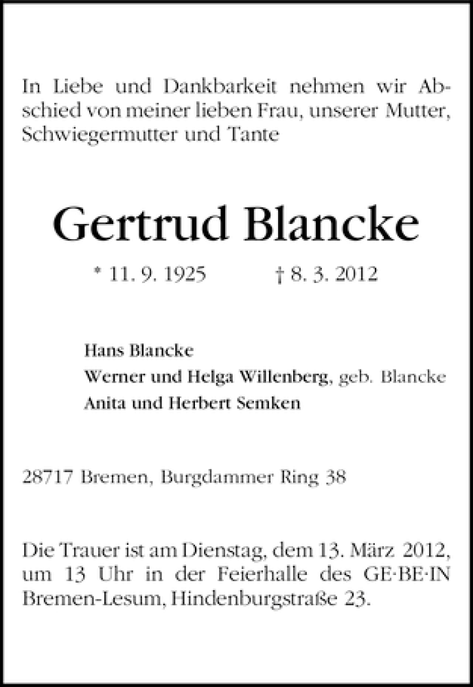 Traueranzeige von Gertrud Blancke von WESER-KURIER