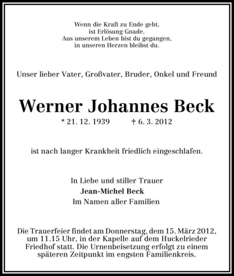Traueranzeige von Werner Johannes Beck von WESER-KURIER