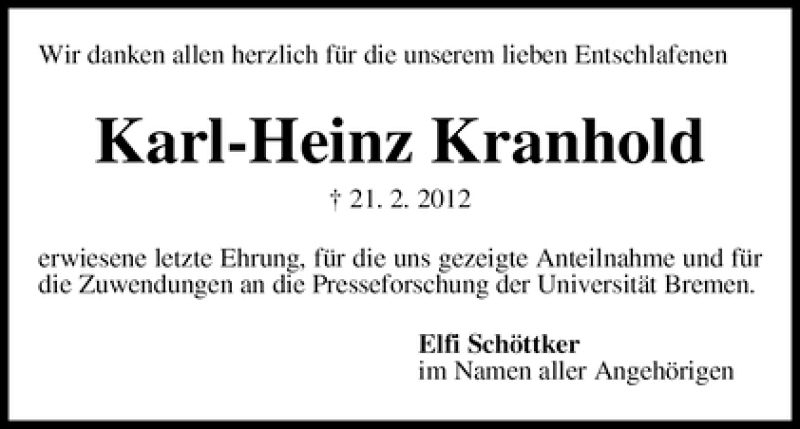 Traueranzeige von Karl-Heinz Kranhold von WESER-KURIER