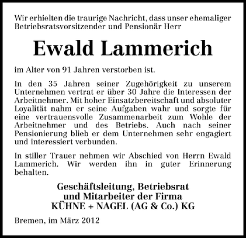 Traueranzeige von Ewald Lammerich von WESER-KURIER