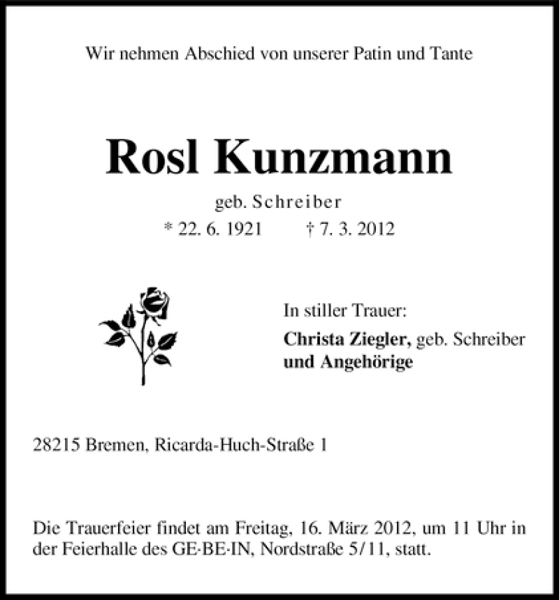 Traueranzeige von Rosl Kunzmann von WESER-KURIER