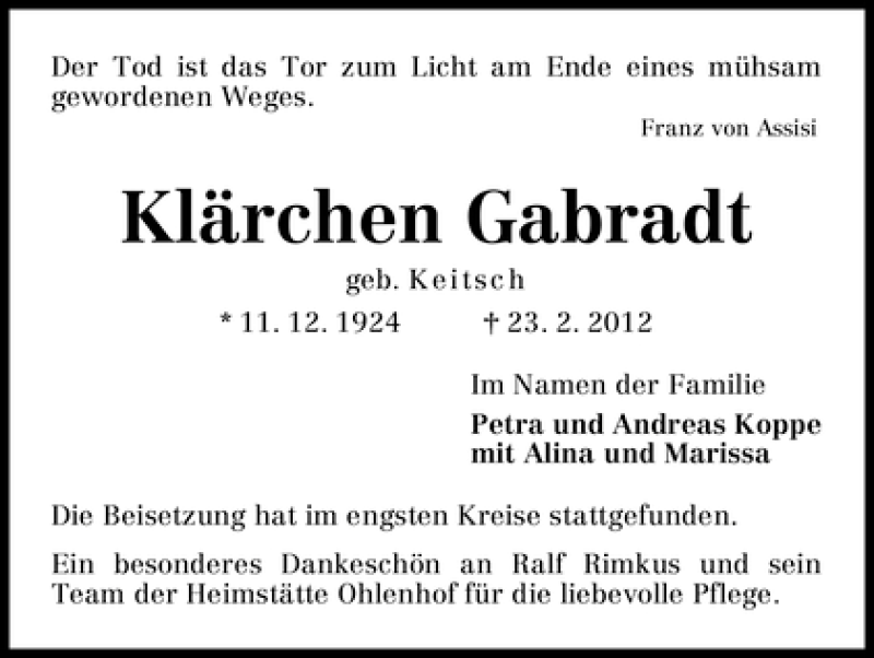 Traueranzeige von Klärchen Gabradt von WESER-KURIER