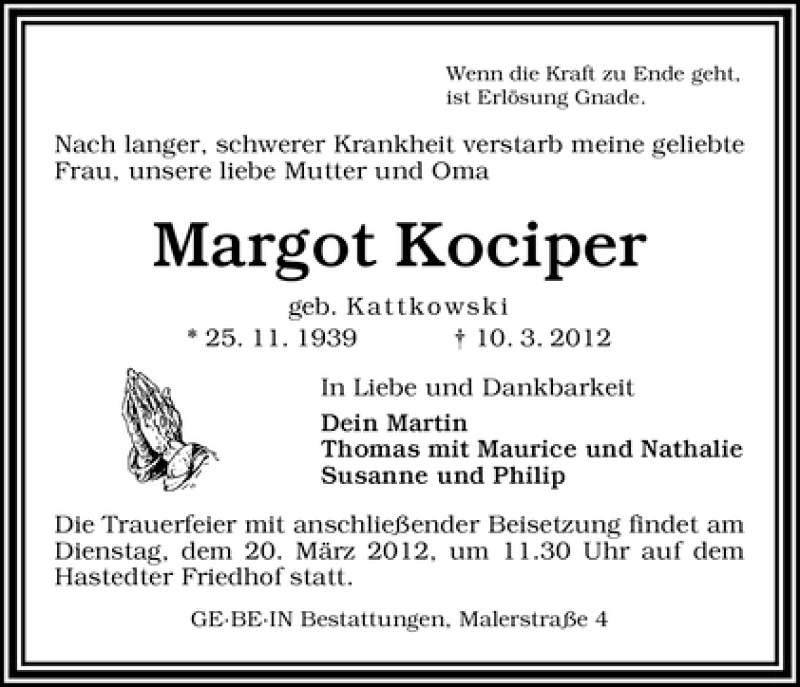 Traueranzeige von Margot Kociper von WESER-KURIER