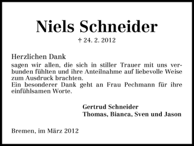 Traueranzeige von Niels Schneider von WESER-KURIER