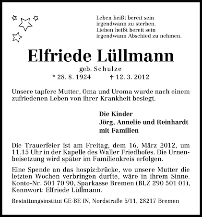 Traueranzeige von Elfriede Lüllmann von WESER-KURIER
