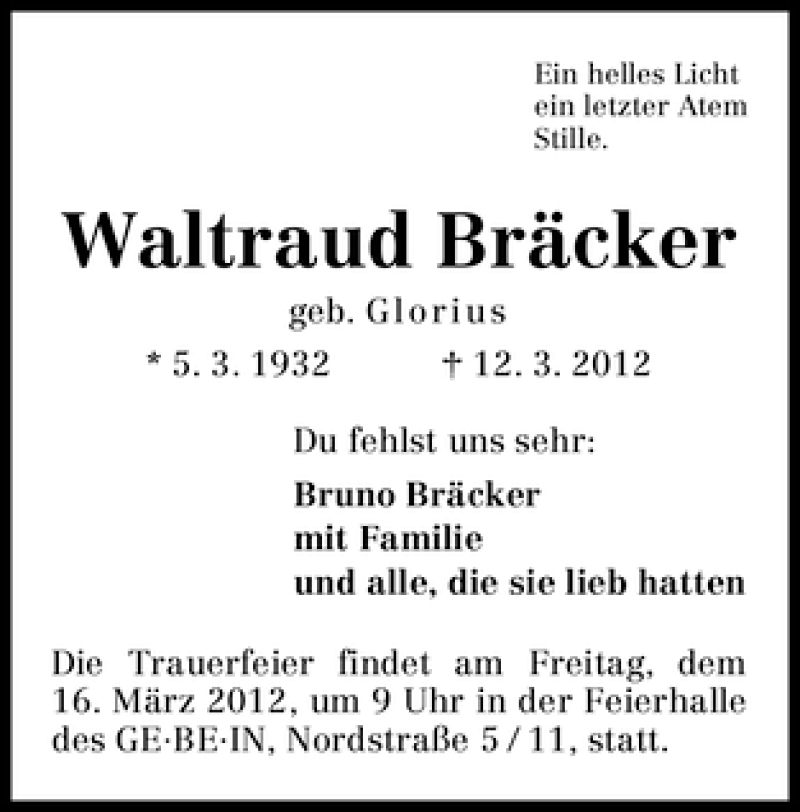 Traueranzeige von Waltraud Bräcker von WESER-KURIER