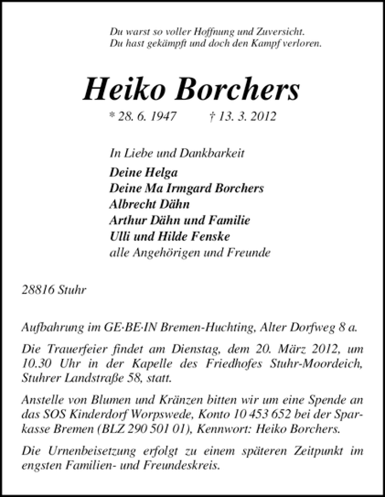 Traueranzeige von Heiko Borchers von WESER-KURIER