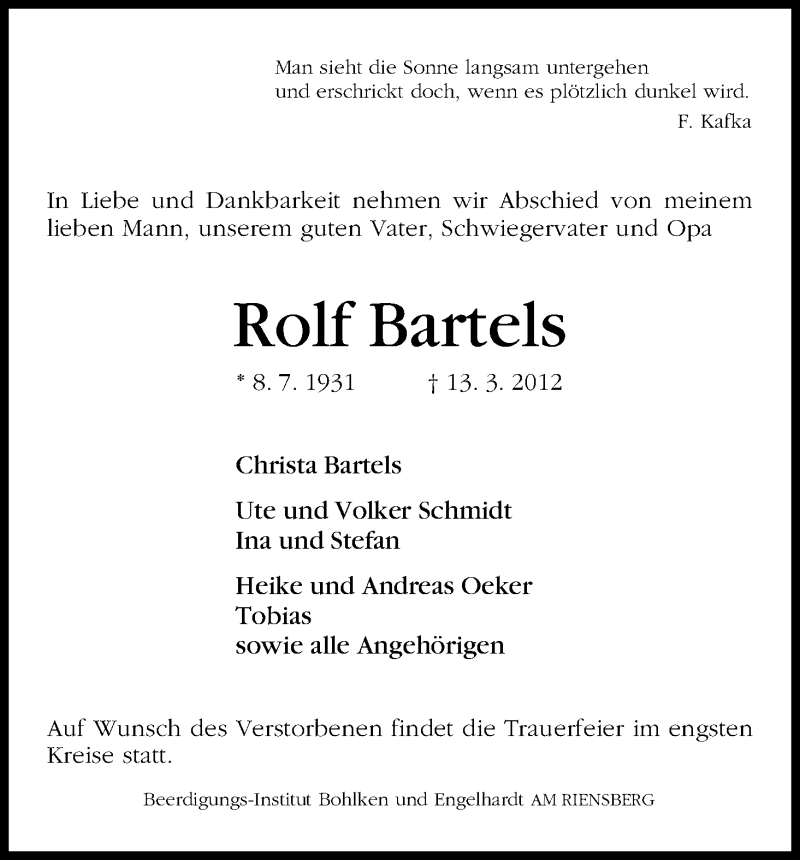 Traueranzeige von Rolf Bartels von WESER-KURIER