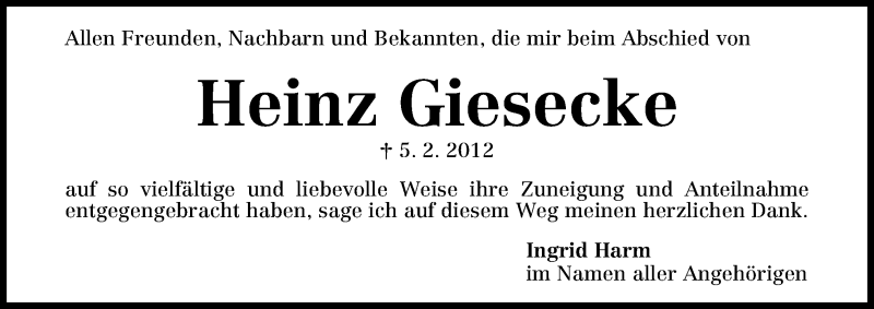 Traueranzeige von Heinz Giesecke von WESER-KURIER