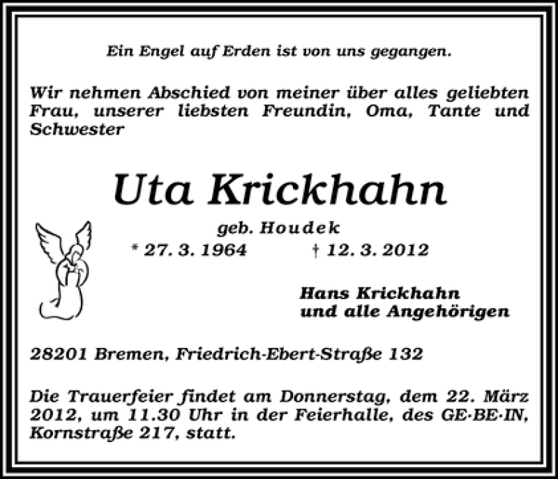 Traueranzeige von Uta Krickhahn von WESER-KURIER