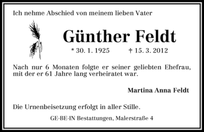 Traueranzeige von Günther Feldt von WESER-KURIER