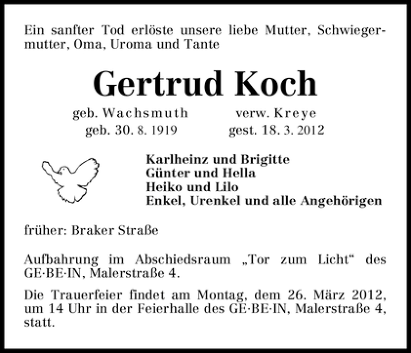 Traueranzeige von Gertrud Koch von WESER-KURIER